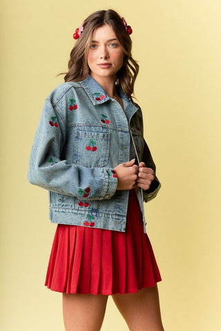 Cherry Embroidered Denim Jacket - Sincerely Betty
