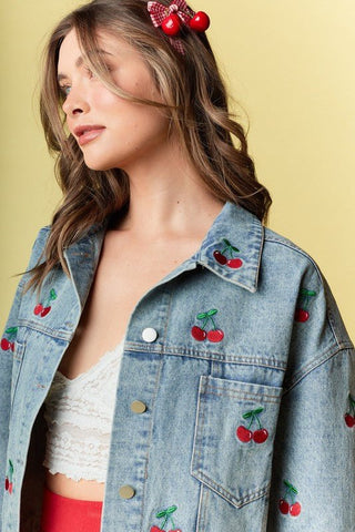 Cherry Embroidered Denim Jacket - Sincerely Betty