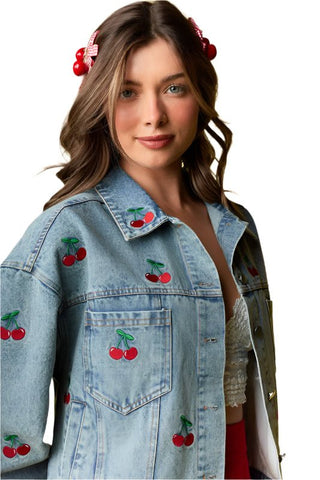 Cherry Embroidered Denim Jacket - Sincerely Betty