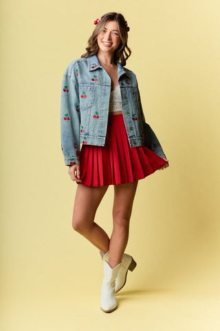 Cherry Embroidered Denim Jacket - Sincerely Betty