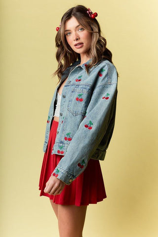 Cherry Embroidered Denim Jacket - Sincerely Betty