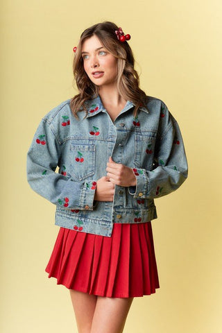 Cherry Embroidered Denim Jacket - Sincerely Betty