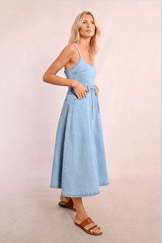 Denim Tie Back Midi Dress - Sincerely Betty