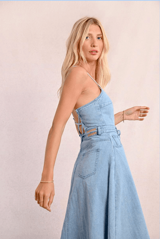 Denim Tie Back Midi Dress - Sincerely Betty