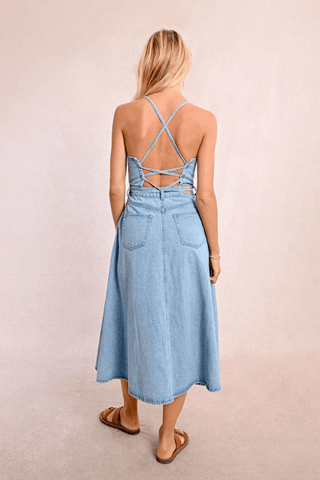 Denim Tie Back Midi Dress - Sincerely Betty