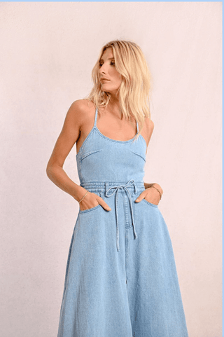 Denim Tie Back Midi Dress - Sincerely Betty