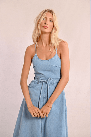 Denim Tie Back Midi Dress - Sincerely Betty