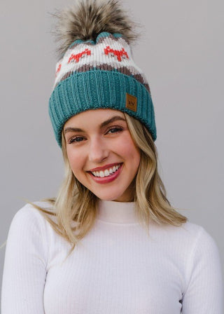 Fox Patterned Pom Pom Knit Hat - Sincerely Betty
