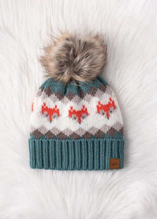 Fox Patterned Pom Pom Knit Hat - Sincerely Betty