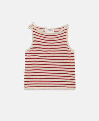 The Compania Fantastica Nautical Stripe Knit Tank Top-FINAL SALE is a sleeveless cream top with red horizontal stripes, a boat neckline, and a bow tie on one shoulder, shown laid flat on a white background.