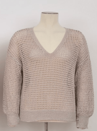 The Molly Bracken Open Weave V-neck Knit Sweater-FINAL SALE is a light beige, long-sleeve, breathable summer sweater with a loose, open knit displayed on a mannequin against a plain background.