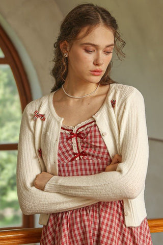 Plaid Bow Embellished Knit Cardigan - Sincerely Betty