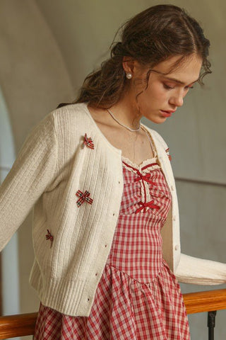 Plaid Bow Embellished Knit Cardigan - Sincerely Betty