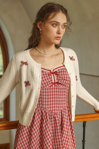 Plaid Bow Embellished Knit Cardigan - Sincerely Betty