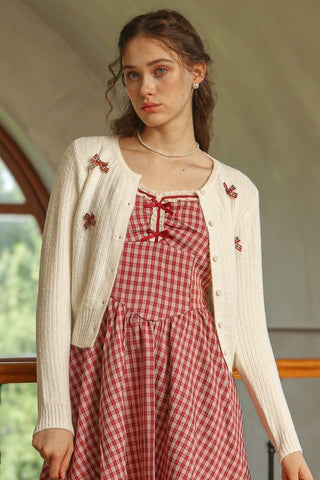 Plaid Bow Embellished Knit Cardigan - Sincerely Betty