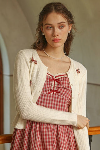 Plaid Bow Embellished Knit Cardigan - Sincerely Betty