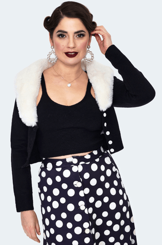 Retro Cream Faux Fur Collar Crop Cardigan - Sincerely Betty