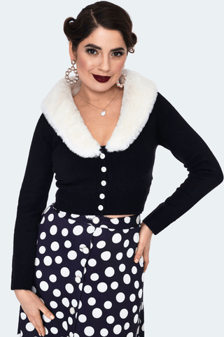 Retro Cream Faux Fur Collar Crop Cardigan - Sincerely Betty