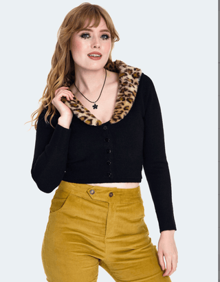 Retro Leopard Faux Fur Collar Crop Cardigan - Sincerely Betty