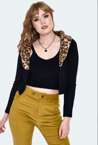 Retro Leopard Faux Fur Collar Crop Cardigan - Sincerely Betty