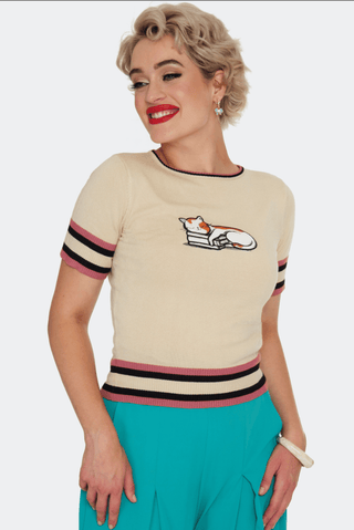 Sleepy Cat On A Book Knit Top - Sincerely Betty