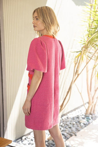 Tweed Puff Sleeve Ribbon Pocket Shift Dress - Sincerely Betty