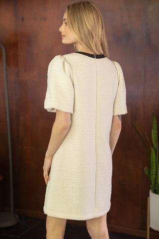 Tweed Puff Sleeve Ribbon Pocket Shift Dress - Sincerely Betty