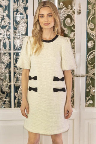Tweed Puff Sleeve Ribbon Pocket Shift Dress - Sincerely Betty