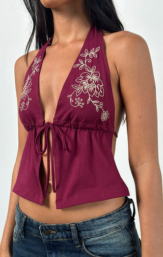 Kayria Embroidered Split-Front Flyaway Halter Top