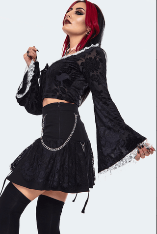 Velvet Flare Sleeve Crop Top with Lace Trim - FINAL SALE - Sincerely Betty