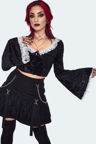 Velvet Flare Sleeve Crop Top with Lace Trim - FINAL SALE - Sincerely Betty