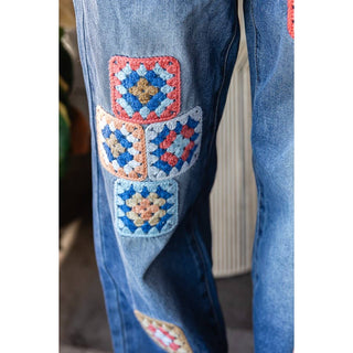 Washed Square Crochet Patchwork Denim Jeans - Sincerely Betty