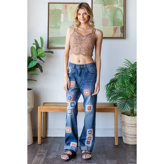 Washed Square Crochet Patchwork Denim Jeans - Sincerely Betty