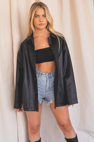 Faux Leather Oversized Button Up Jacket-FINAL SALE