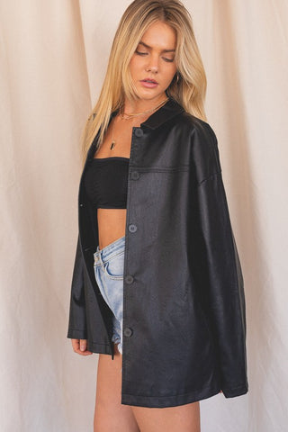 Faux Leather Oversized Button Up Jacket-FINAL SALE