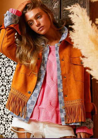 Southern Fringe Faux Suede Button Down Jacket