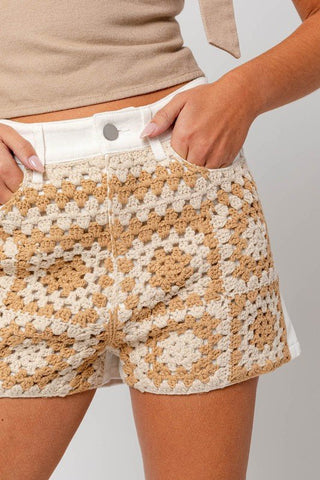 Crochet Denim Shorts in White & Taupe - Sincerely Betty