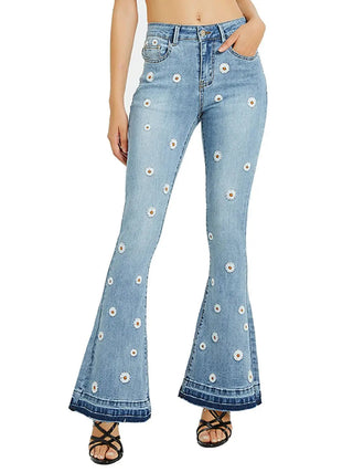 Daisy Embroidered Denim Jeans - Sincerely Betty