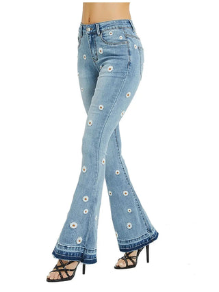Daisy Embroidered Denim Jeans - Sincerely Betty