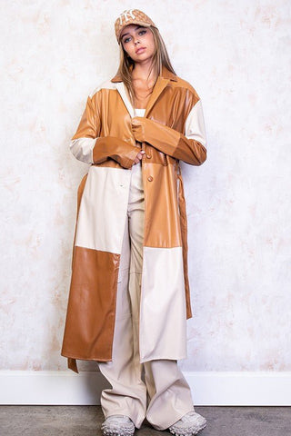 Faux Leather Patchwork Long Coat - FINAL SALE - Sincerely Betty