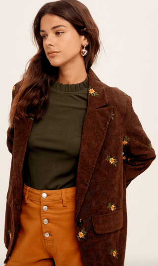Flower Embroidered Corduroy Blazer - Sincerely Betty