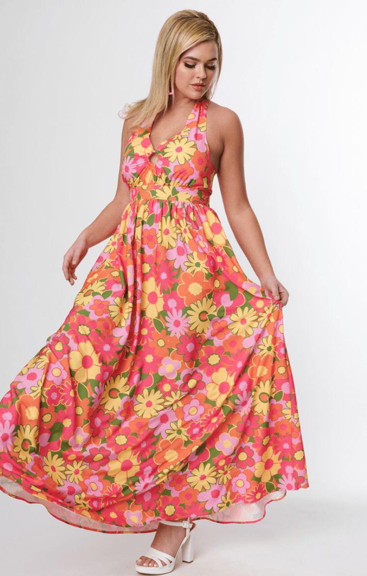 Flower Power Keyhole Halter Maxi Dress - Sincerely Betty L / Pink Flower Power Keyhole Halter Maxi Dress - Sincerely Betty L / Pink
