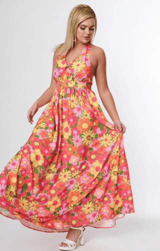 Flower Power Keyhole Halter Maxi Dress - Sincerely Betty