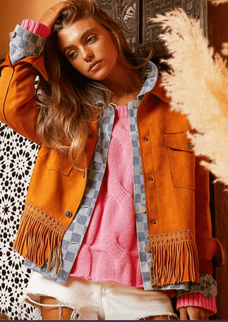 Southern Fringe Faux Suede Button Down Jacket - Sincerely Betty