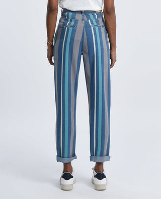 A person faces away, wearing Molly Brackens Stripe Denim Pants-FINAL SALE with blue, teal, and gray stripes, a white top, white sneakers, and a bracelet on their right wrist against a plain light background.